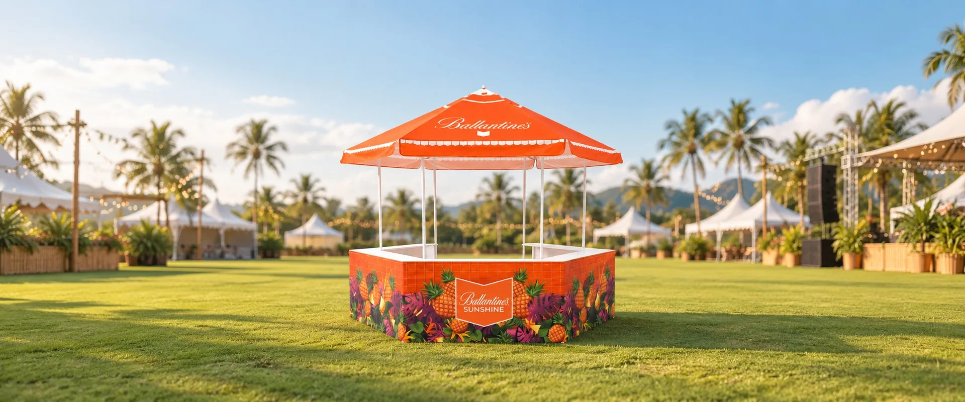 Hexagon tent with counters at an event